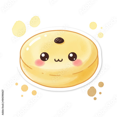Cute watercolor illustration of a smiling round yellow pastry with a raisin or kue lumpur