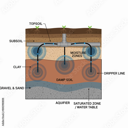 Diagram illustrating subsurface drip irrigation system installed below topsoil layers