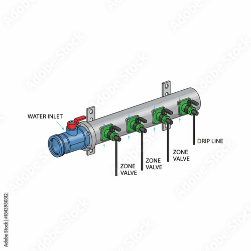 Diagram of a water manifold with four zone valves and drip line outputs
