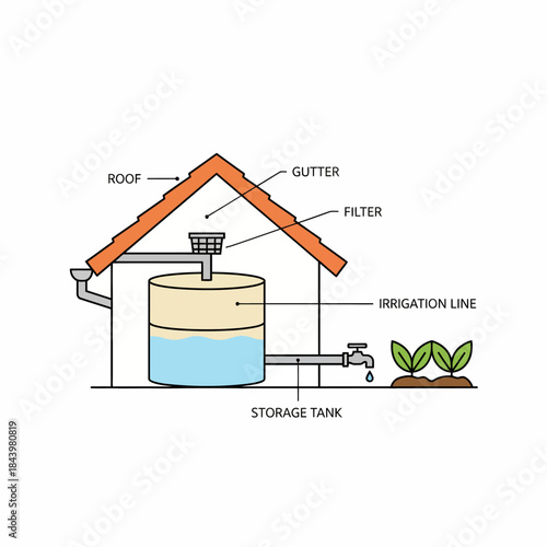 Diagram of a rainwater harvesting system showing a roof gutter filter storage tank and irrigation line