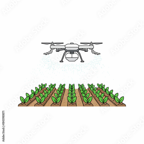 Drone spraying liquid onto rows of small green plants in brown soil