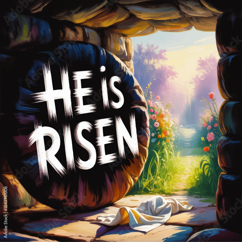 He Is Risen inspirational Easter resurrection art, empty tomb sunrise with stone rolled away, Christian faith illustration
