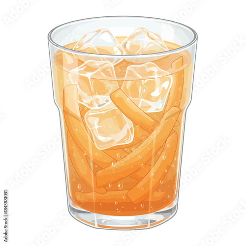 Glass filled with orange soda ice cubes and sticklike orange candies
