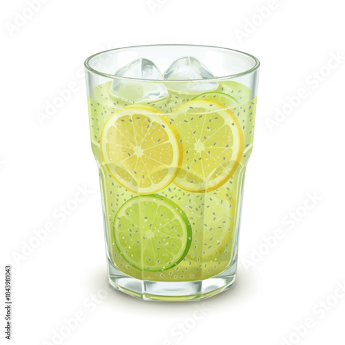 Glass of citrus drink with lemon lime slices and chia seeds over ice