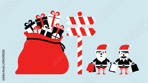 Whimsical Christmas scene with cheerful elves, a giant gift sack, and a North Pole sign, illustrating festive present preparations and holiday season joy