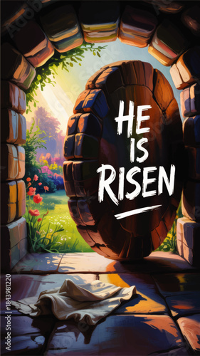 He Is Risen empty tomb illustration, Easter Sunday resurrection of Jesus, sunrise light, stone doorway, Christian worship art