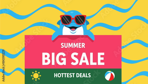 Vibrant Summer Big Sale advertisement with a cheerful dolphin in sunglasses, announcing hottest deals and amazing seasonal savings