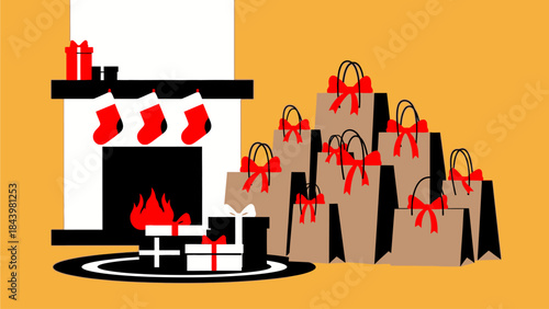 Festive holiday illustration with a warm fireplace, Christmas stockings, and a large stack of shopping bags and gifts, perfect for seasonal celebrations and joyful giving