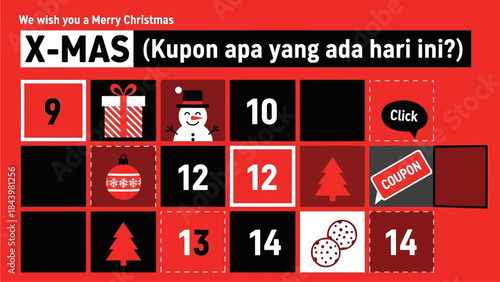 Festive digital countdown calendar graphic for holiday promotions, featuring daily offers, gift box reveals, and seasonal deals, perfect for engaging online marketing campaigns