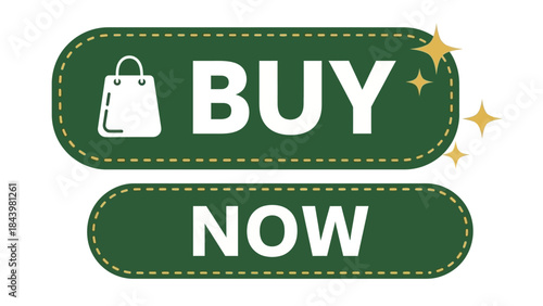 Visually appealing green 'Buy Now' button vector graphic with a shopping bag icon, designed for seamless e-commerce transactions and digital call-to-action prompts, enhancing user interaction