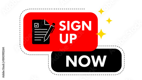 Dynamic call-to-action graphic featuring a prominent 'Sign Up Now' button and form icon, ideal for driving user engagement and seamless online registration across platforms