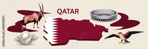 Qatar landmarks and culture illustration with map, desert wildlife, pearl, falcon and modern stadium in maroon national colors