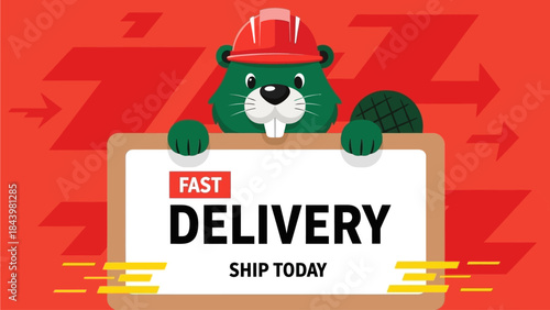 Fast Delivery Ship Today Beaver Mascot with Hard Hat Holding a Sign