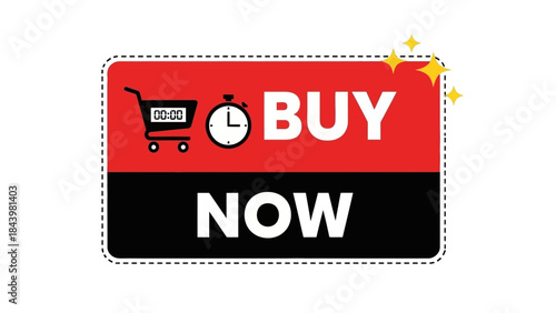 Buy Now Sticker with Shopping Cart and Timer Icon for Online Sales and Promotions