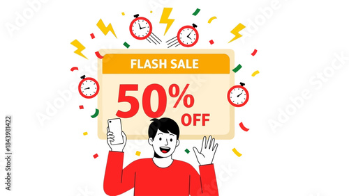 Flash Sale 50% Off Promotion with Happy Man holding Phone