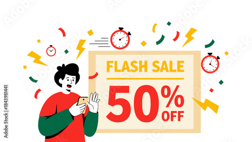 Flash Sale 50% Off Announcement With Stopwatch Icons, Lightning Bolts, And Confetti For Marketing And Promotion