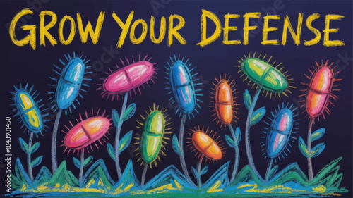 Colorful probiotic capsules as blooming flowers illustration, grow your defense immune support concept on dark blue background