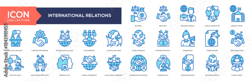 International Relations Blue Icon Collection. Containing  Foreign Policy, Peace Negotiation, Diplomatic Meeting, Global Summit, Bilateral, Diplomacy, Diplomatic Mission, Conflict Resolution, Embassy O