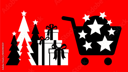 Christmas shopping cart filled with gifts and stars, alongside decorated pine trees on a red background, conveying holiday cheer and seasonal sales