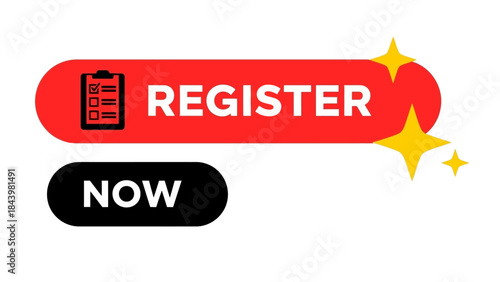 Red and black REGISTER NOW button with sparkling stars, graphic design