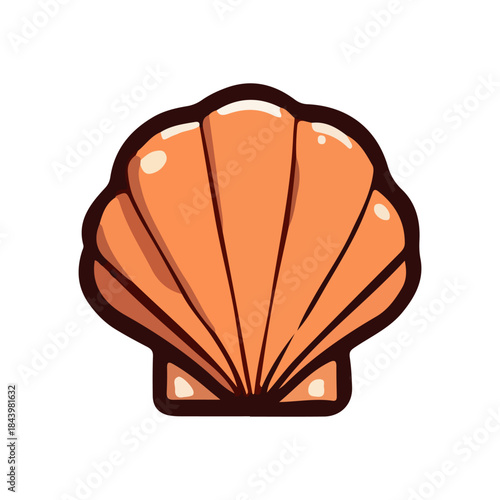 Bright orange scallop shell icon illustration, ideal for marine, beach, or ocean-themed designs, symbolizing sea life, summer, and coastal beauty. Graphic decorative element