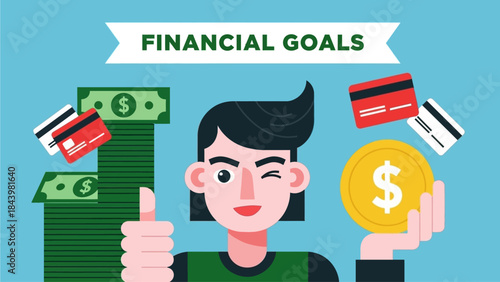 Financial Goals Achieved Person holding coin and thumbs up with money and credit cards