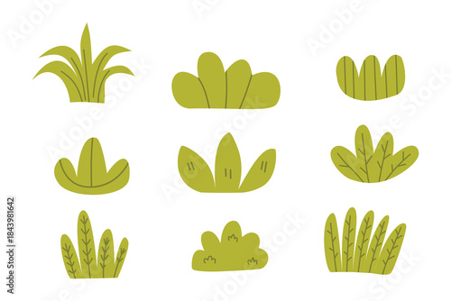 Simple Green Grass and Bush Clipart Set. Suitable for clip art, stickers, flat design illustration, etc