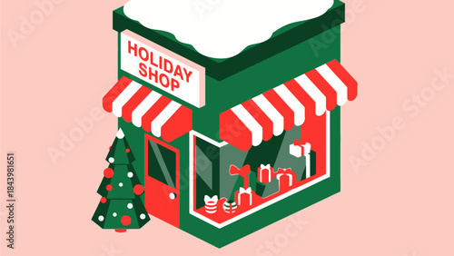 Festive Holiday Shop with Christmas Tree, Gifts, and Decorations
