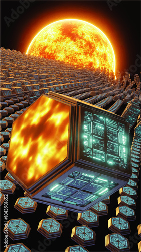 Futuristic Dyson sphere megastructure harvesting star energy, sci fi space technology, glowing solar power cubes in deep Black