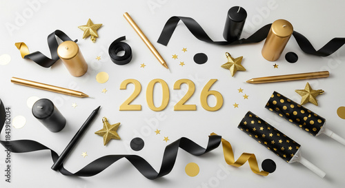 New year's eve celebration with black and gold party supplies, confetti, and star decorations for 2026