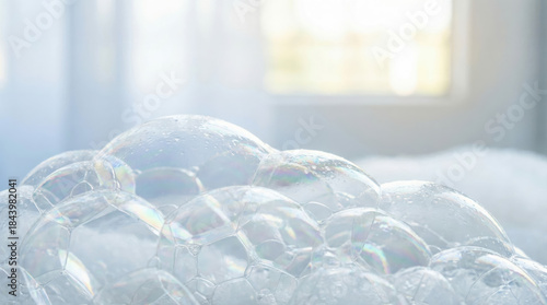 Soft soap bubbles glimmering in light against a cozy background  