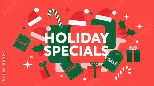 Holiday Specials Sale Event with Gifts, Santa Hats, and Candy Canes Illustration