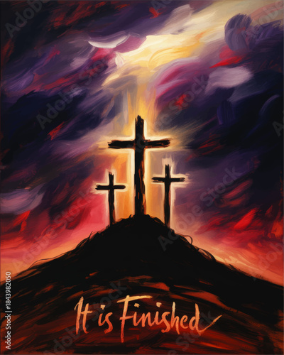 Dramatic Easter cross hill illustration with sunset sky, three crucifix silhouettes and It Is Finished Christian worship art