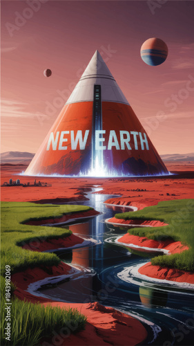 Futuristic New Earth colony pyramid on alien red planet with river oasis, terraforming landscape and distant colorful moons