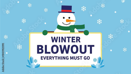 Cheerful snowman holding a large sign announces a big winter blowout sale, with everything marked down for clearance. Find amazing discounts and promotions