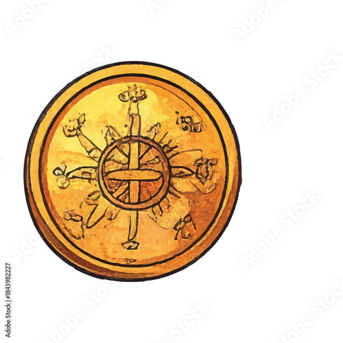 Ancient Eastern Coin with Celestial Symbolism and Intricate Design