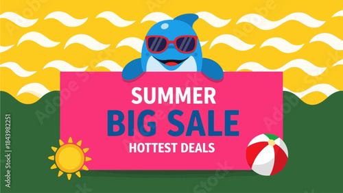 Vibrant Summer Big Sale Illustration with Cheerful Dolphin Mascot Announcing Hottest Deals and Seasonal Discounts for Online Shopping Events