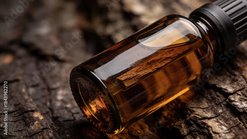 Amber essential oil bottle on rustic wood background  