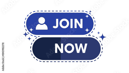 Vibrant blue 'Join Now' call-to-action buttons with a dashed border and sparkle details, encouraging immediate user engagement and sign-ups for digital platforms and services