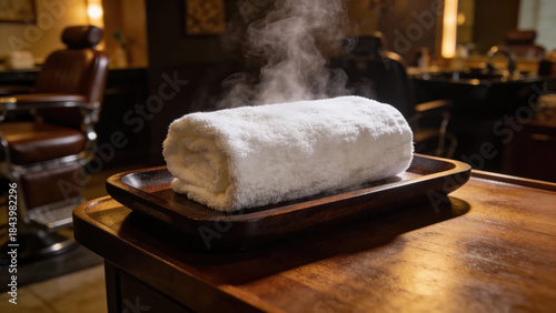 Steamed towel on wooden tray in stylish barber shop setting  
