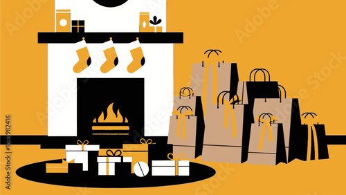 Warm and Festive Holiday Scene with a Cozy Fireplace, Decorative Stockings, and an Abundance of Shopping Bags and Wrapped Presents, Capturing the Spirit of Giving