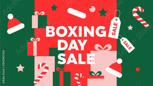 Vibrant holiday shopping event promotion featuring a collection of festive gift boxes, candy canes, Santa hats, and stars, perfect for winter season discounts and celebratory sales