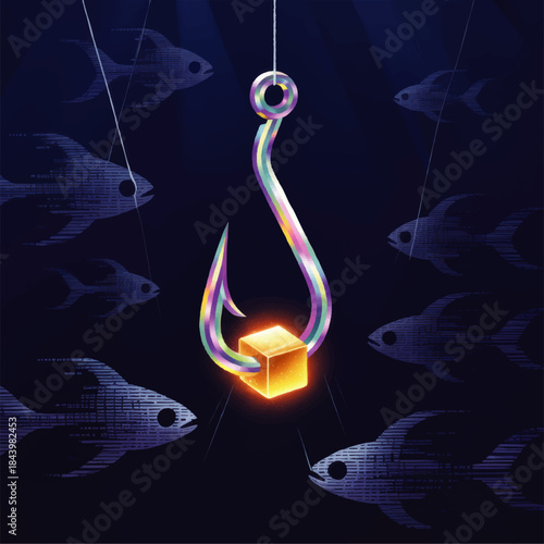 Cyber phishing hook with glowing digital bait cube surrounded by data fish in dark ocean, cybersecurity and online fraud concept