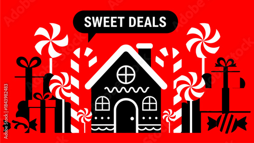 Festive Sweet Deals Illustration with Gingerbread House and Candy Treats for Holiday Shopping Promotions and Seasonal Offers