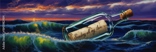 Romantic message in a bottle floating on stormy ocean waves at sunset, vibrant seascape love letter illustration