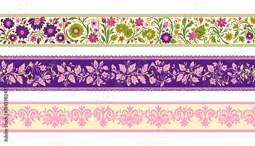 Set of three seamless ornamental borders with floral and baroque patterns.