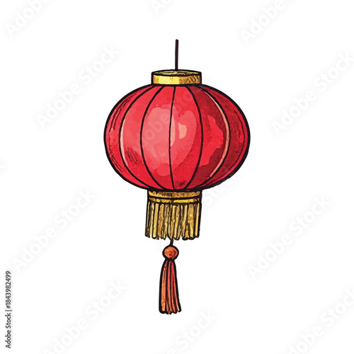 Vibrant hand-drawn red Chinese lantern, a traditional oriental decoration for Lunar New Year