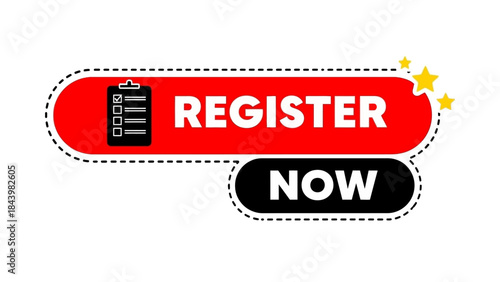 Clickable 'Register Now' button graphic with a clipboard icon, perfect for web design, online forms, event sign-ups, and user engagement, encouraging quick action and participation