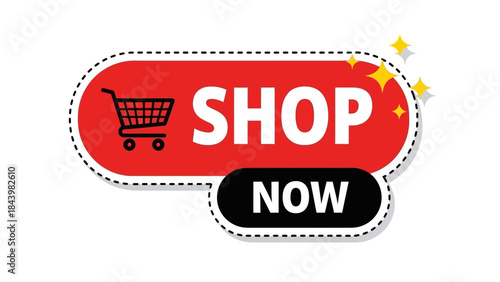 Vibrant 'Shop Now' call-to-action button with a modern shopping cart icon, perfect for e-commerce promotions and online store sales to encourage immediate purchases