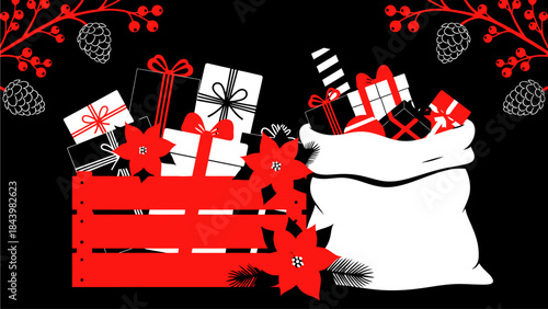 Festive illustration rustic wooden crate and sack brimming with holiday gifts, red ribbons, berries, and pine cones, set against a dark background